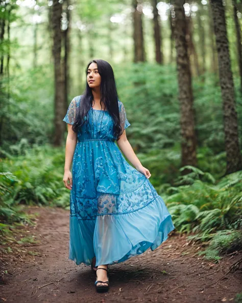 a woman in a blue dress walking down a path in the woods