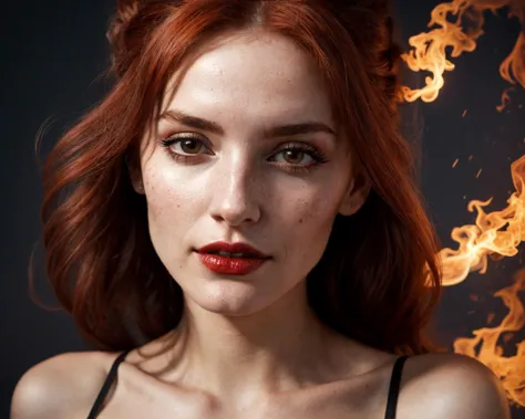 arafed woman with red hair and a black bra top with flames in the background