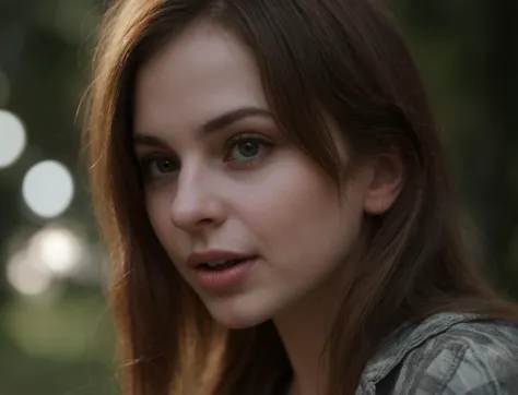 a close up of a woman with long hair and a plaid shirt