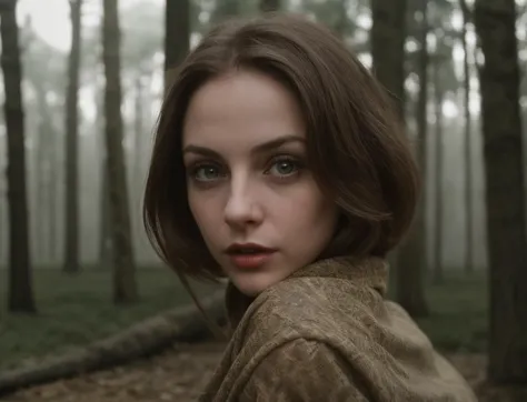 a woman in a brown coat standing in a forest