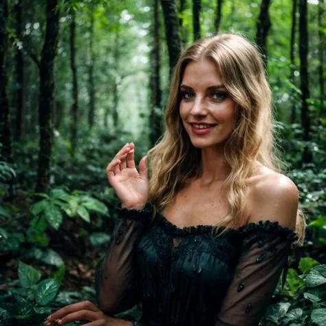 arafed woman in a black dress standing in a forest