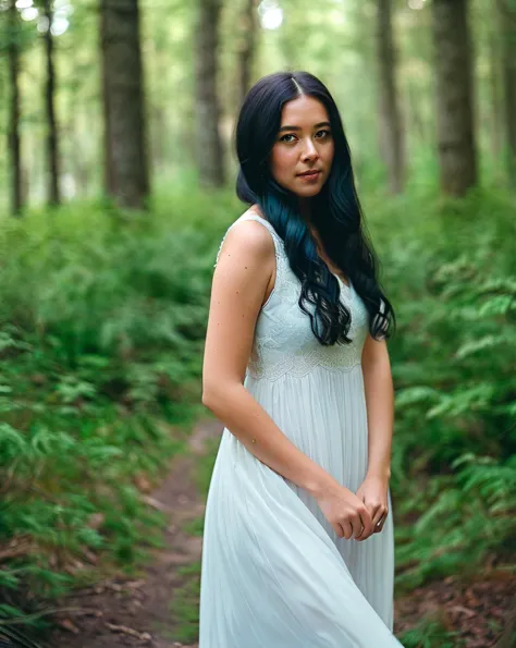 arafed woman in a white dress standing in a forest