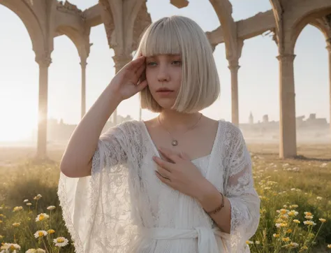 a woman with blonde hair and a white dress standing in a field