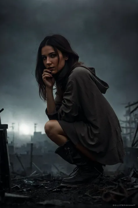 a woman kneeling down in a field with a dark sky behind her