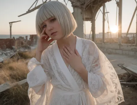 arafed woman in white dress standing on a roof with a cell phone to her ear