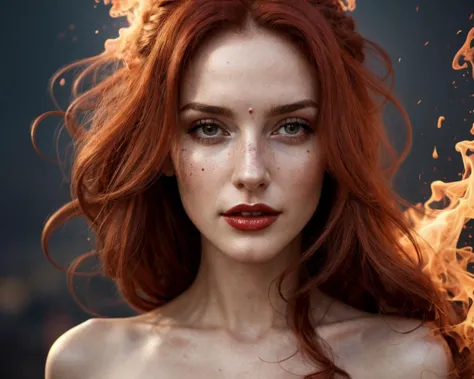 a close up of a woman with red hair and a fire on her face