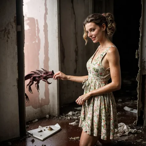 (atmospheric cinematic still inside eerie wet sewage, full body, high light:1.1), (European woman interacting with dark-skinned alien creature:1.25) inside dirty abandoned interior with trash on the floor and smashed door in background, (anatomically correct feminine body:0.6), detailed texture,sharp, ((dynamic pose)), pigtails, innocent face, blush, shy, (natural skin pigmentation, meaty lips, realistic natural body dressed in summer dress with floral print:1.25), (modelshoot style, analog style, strong gloom:1.125), f2.8,  (correct_fingers, feminine_anatomy, correct_eyes:1.15), short hair, (self touching:1.175), (playful expression:1.125), (flawed feminine anatomy, anatomically correct fingers:1.25), amateur model,  (early morning lighting:0.9), (natural realistic figure defects:1.2), (gloomy, rim light:0.85)