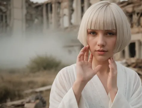 a woman with blonde hair and a white robe standing in front of a building