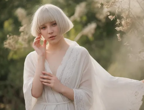 touchism, giant creature in horizon, wind blowing, breathtaking remarkable photo of worrying (21yo [mongol:slavic:0.75] (woman:0.85) with white inverted bob haircut:1.135) waving (perfect feminine hands:1.225) wearing [(white see-through negligee:0.8):white summer robe:0.75] with chamomile pattern, (mole, innocent face, gloom:0.85), (damaged ruins and explosions in background, intricate outdoor morning background with bokeh:1.125), (turbulent fog:0.975), (natural high key light:0.45), (perfect fingers, natural skin texture with pigment variations:1.125), (intricate:1.1) (depth of field, light leaks, sun flares, analog film grain:0.85), hair covering one eye, little cute tattoo