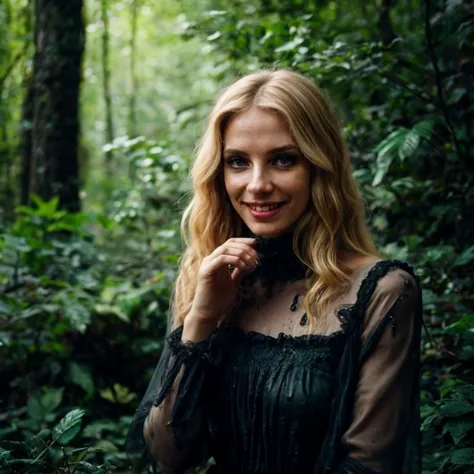 arafed woman in a black dress standing in a forest