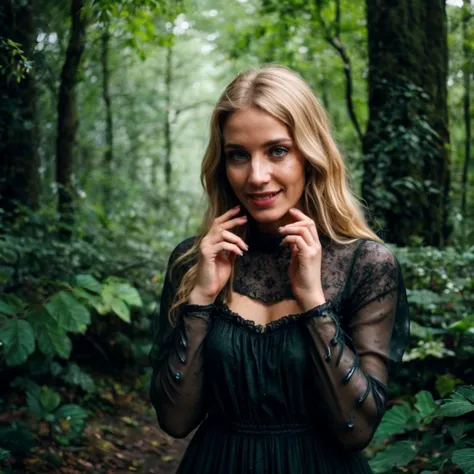 arafed woman in a black dress standing in a forest