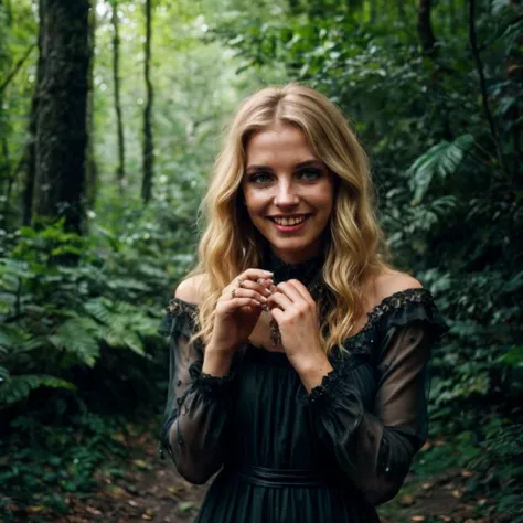 arafed woman in a black dress standing in a forest