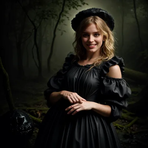 (atmospheric cinematic still, full body:1.15), (woman-animal hybridization chimera:1.3) , (innocent slender Slavic woman:1.175) wearing an awkward Victorian dress with black lace and frilly sleeves and a strange pattern, (modelshoot style, analog style, strong gloom:1.125), f2.8, (remarkable lifelike raw photo:1.1), (correct_fingers, feminine_anatomy, correct_eyes:1.15), (cute nose:1.1), remarkable epic nature landscape, (eerie black slime monster:1.35) in smooth background, playful expression, cluttered jungle with lots of wet woods, moist skin wet texture, sfw, smile, long blonde hair, jewelry, (teeth, grin:0.75), (joyful, turbulent emotions:1.165), (realistic hands:1.225),(wet dark carbon boulders in swirly bokeh:0.75), (shallow depth_of_field, (rim light:1.15), dreamy Rembrandt lighting, analog film grain:1.3), (vignette, cinemascope:0.85), extreme realism, finest texture, incredibly lifelike, (gray-blue-green:0.7)