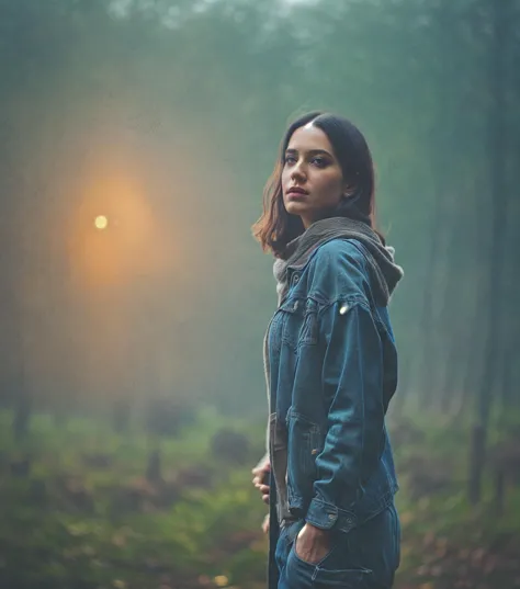 arafed woman in a blue jacket standing in a forest