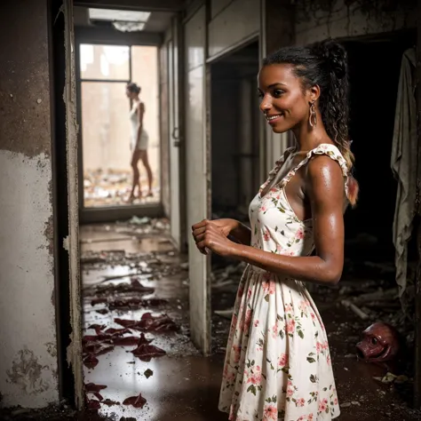 (atmospheric cinematic still inside eerie wet sewage, full body, high light:1.1), (European woman interacting with dark-skinned alien creature:1.25) inside dirty abandoned interior with trash on the floor and smashed door in background, (anatomically correct feminine body:0.6), detailed texture,sharp, ((dynamic pose)), pigtails, innocent face, blush, shy, (natural skin pigmentation, meaty lips, realistic natural body dressed in summer dress with floral print:1.25), (modelshoot style, analog style, strong gloom:1.125), f2.8,  (correct_fingers, feminine_anatomy, correct_eyes:1.15), short hair, (self touching:1.175), (playful expression:1.125), (flawed feminine anatomy, anatomically correct fingers:1.25), amateur model,  (early morning lighting:0.9), (natural realistic figure defects:1.2), (gloomy, rim light:0.85)