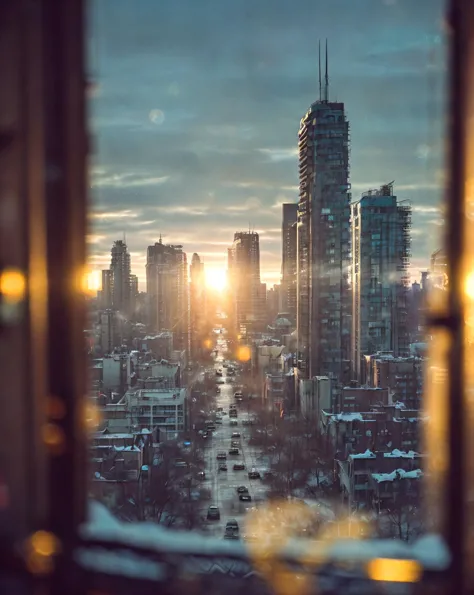 a view of a city from a window with a sunset in the background