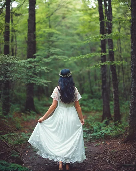 arafed woman in a white dress walking through a forest