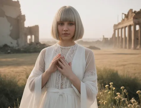 a woman in a white dress standing in a field