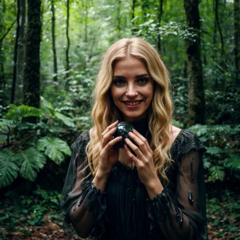 arafed woman in a black dress holding a camera in a forest