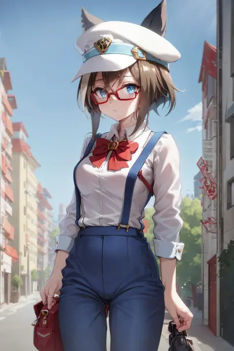 masterpiece, best quality,
cheval grand \(umamusume\),
street, buildings, 
red-framed eyewear,
white headwear, red bowtie, white shirt, suspenders, denim pants, blue pants,
<lora:cheval_grand_loha:0.7>