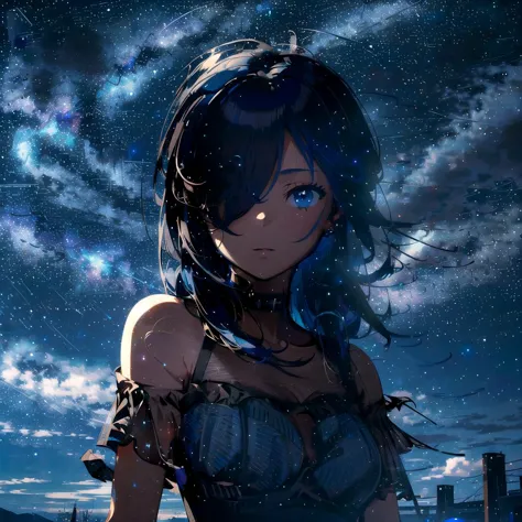 a woman with long hair standing in front of a night sky