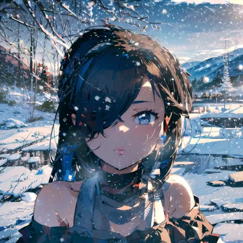 anime girl in the snow with a blue scarf and a black top