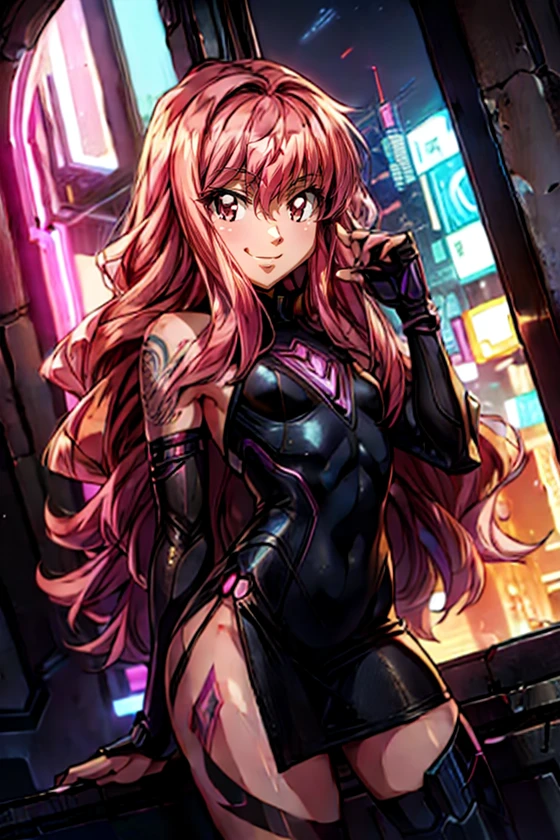 louise,  long_hair, pink_hair, louise_francoise_le_blanc_de_la_valliere, pink_eyes  (masterpiece:1.2),(best quality:1.2),(high resolution:1.2) 1girl,  tattoo  cyberpunk2077, cyberpunk \(series\),  portrait, small breasts,  big smile mini dress  Hands in Hair Pose  dutch angle, cyberpunk style, apartment, window with view on nightcity,