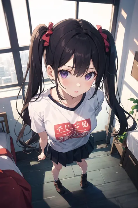 1girl, from above, standing, casual clothes, twintails, t-shirt, skirt, bedroom, wall, window, wide angle