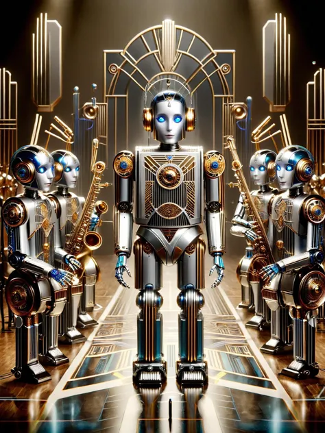 a group of robots standing in front of a stage with a man in a suit