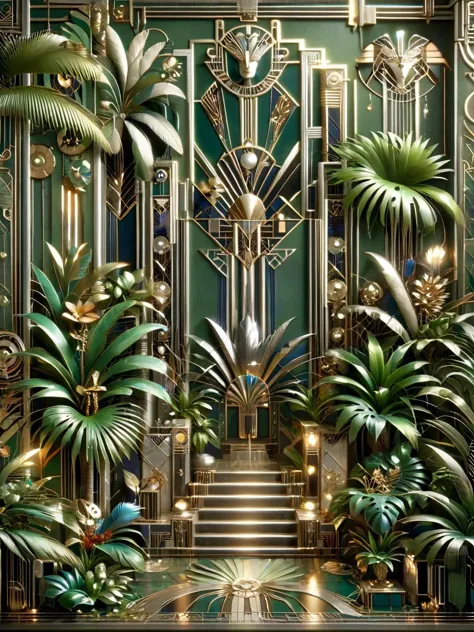 a green and gold art deco wallpaper with a staircase and plants