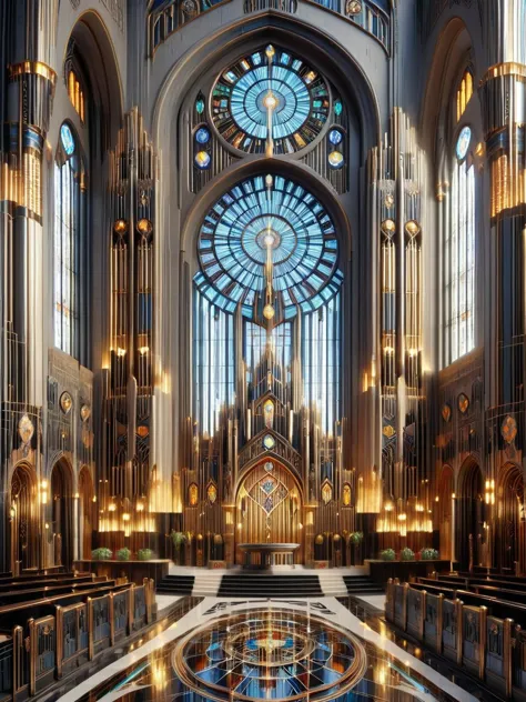 ais-artdeco cathedral carved from obsidian, stained glass windows pulsating with holographic glyphs <lora:Art_Deco_Style_SDXL:1>