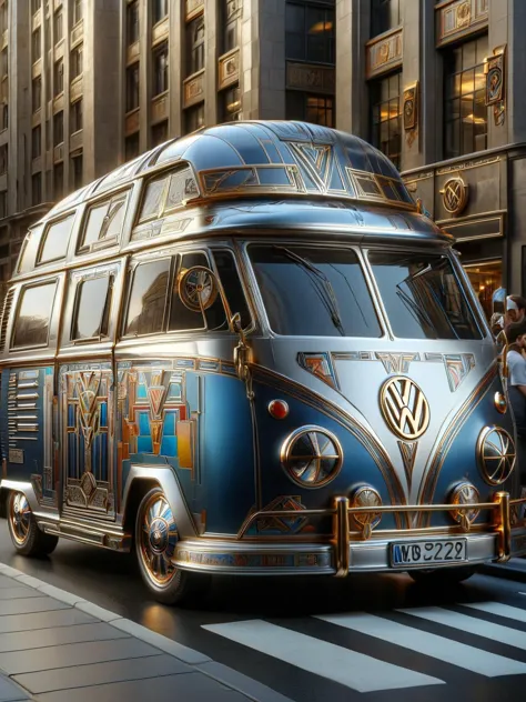 ais-artdeco vw campervan, in a traffic jam on a city street <lora:Art_Deco_Style_SDXL:1>