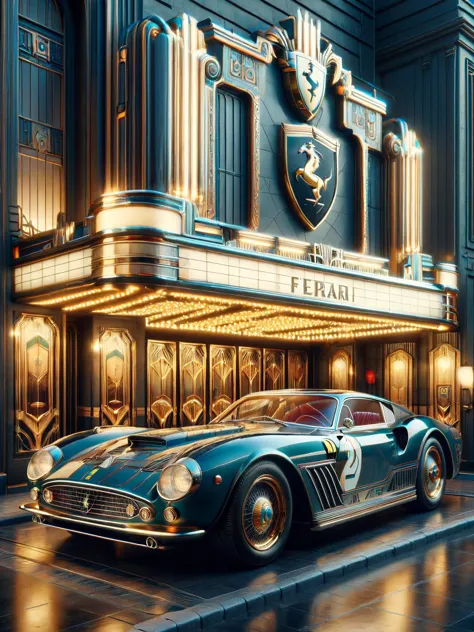 ais-artdeco Ferrari, parked outside an old ais-artdeco movie theater <lora:Art_Deco_Style_SDXL:1>