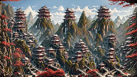 a close up of a painting of a mountain with a lot of trees