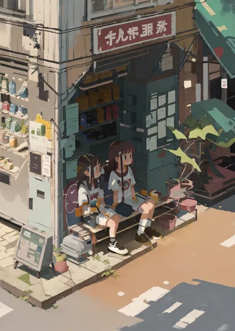 anime scene of a small store with people sitting outside