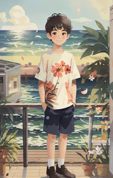 a painting of a boy standing on a balcony with a flower in his hand