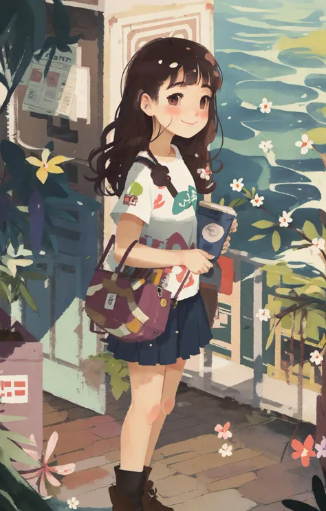 anime girl with backpack and flowers by the water