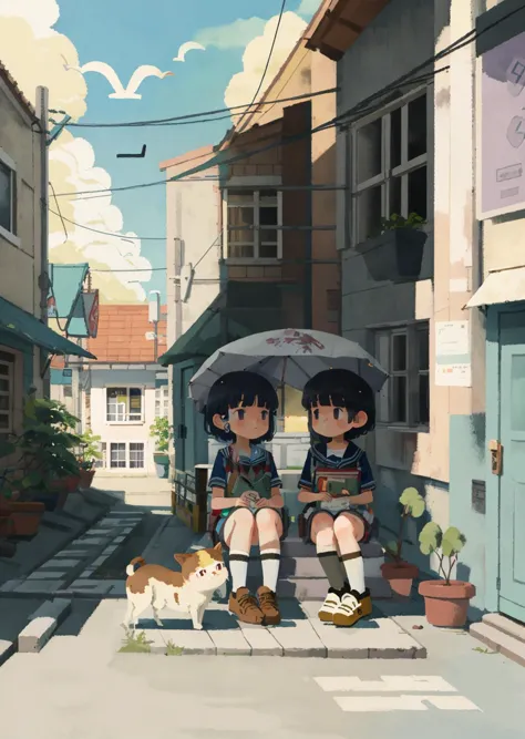 anime scene of two girls sitting on a bench with an umbrella