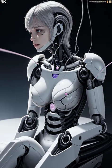 a close up of a woman in a futuristic suit sitting on a chair