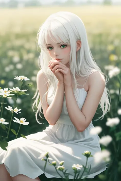 a woman with white hair sitting in a field of flowers