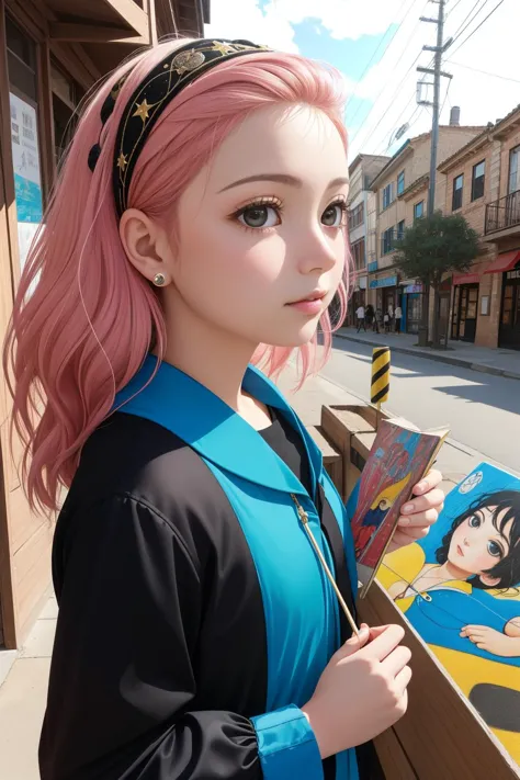 a woman with pink hair and a blue shirt holding a book