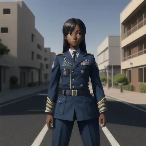 caramel complexion dark skin color anime woman standing full body pose on a road, she wears a blue military uniform with pants, 3D photorealistic/anime/Pixar style, dynamic lighting with high contrast shadows and sunlight