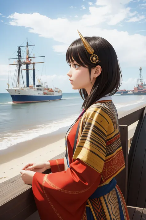 woman in traditional dress looking out over the ocean at a ship