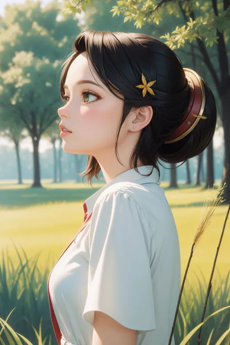 anime girl with a ponytail in a field of grass