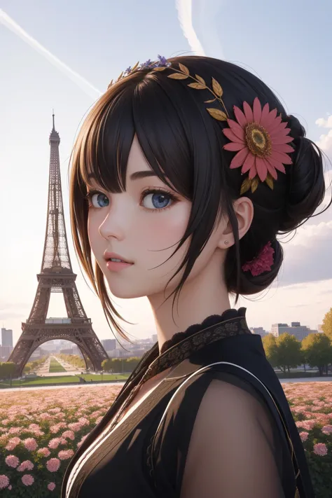 a woman with a flower in her hair standing in front of the eiffel tower