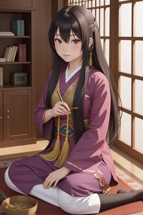 a woman in a purple kimono sitting on a rug