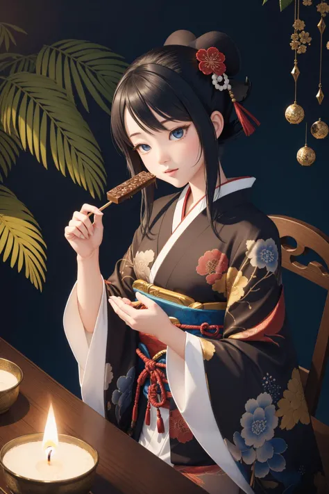 anime girl in kimono outfit eating a bowl of food