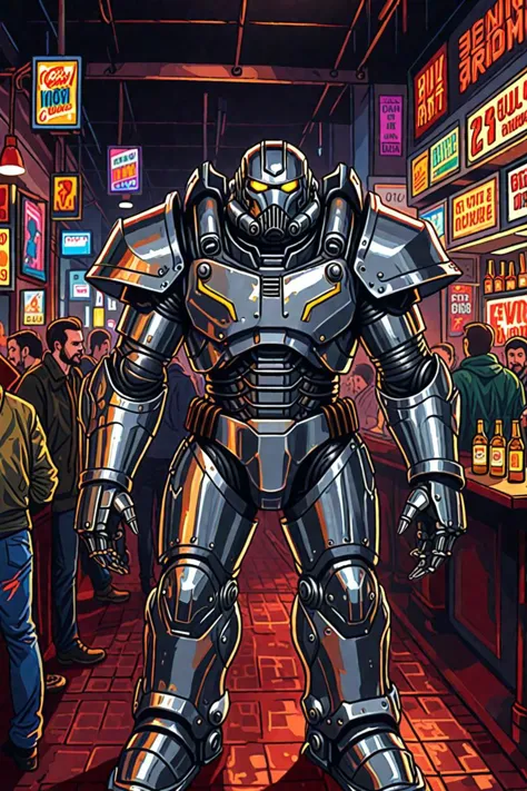 a shining metal power armor and crazy clothes in a nightlife in the style of art illustration, self aware, <lora:add detail xl.safetensors:2.1>