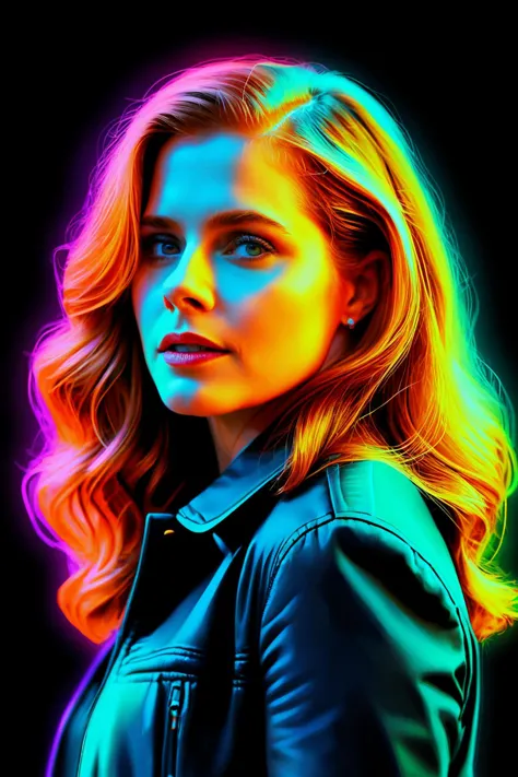 a woman with long hair and a leather jacket in a neon light