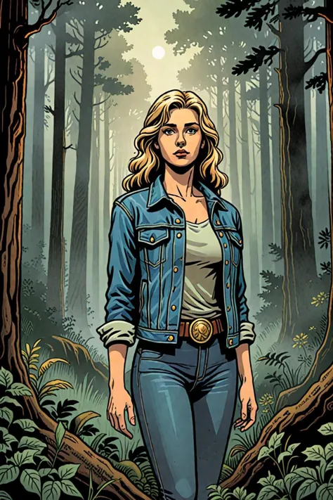 a woman in jeans and a denim jacket stands in the woods